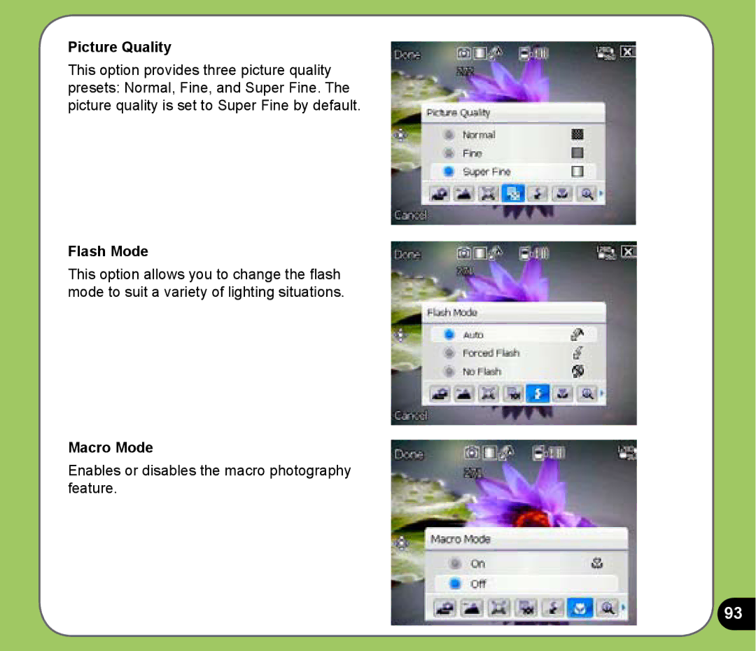 Asus P525 user manual Picture Quality, Flash Mode, Macro Mode 