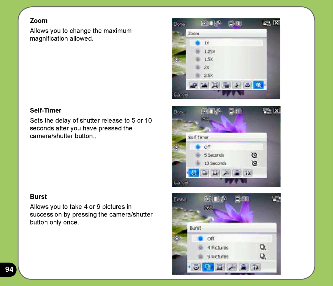 Asus P525 user manual Zoom, Self-Timer, Burst 