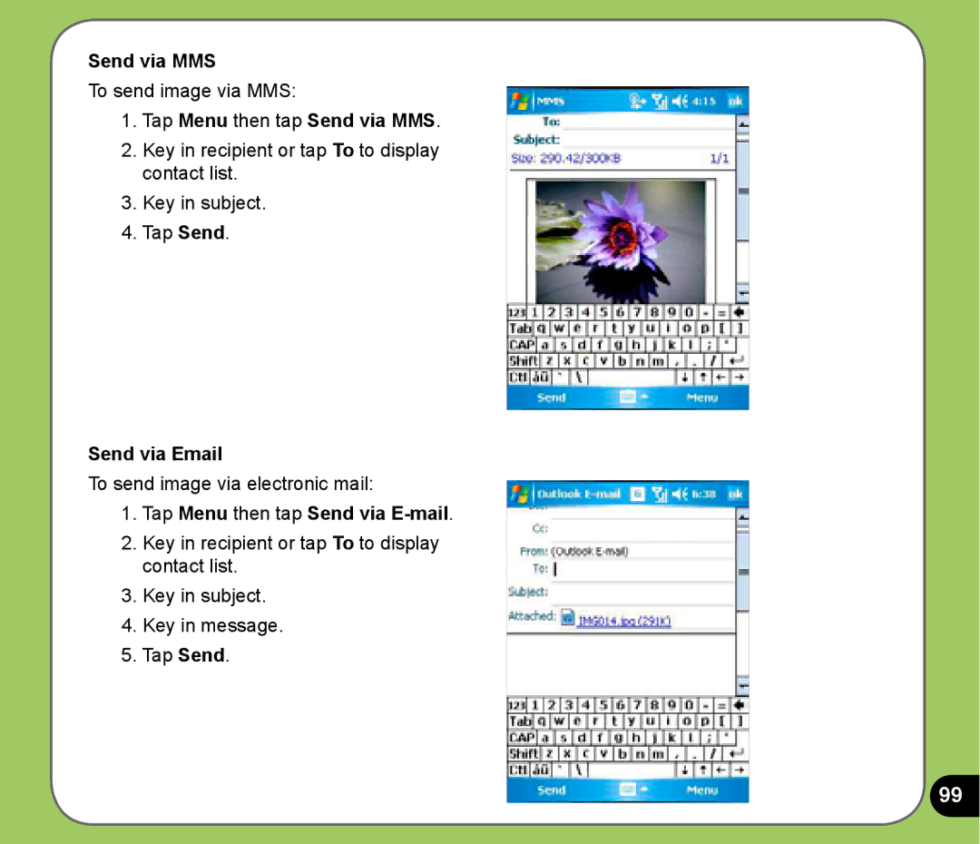 Asus P525 user manual Tap Menu then tap Send via MMS, Send via Email, Tap Menu then tap Send via E-mail 