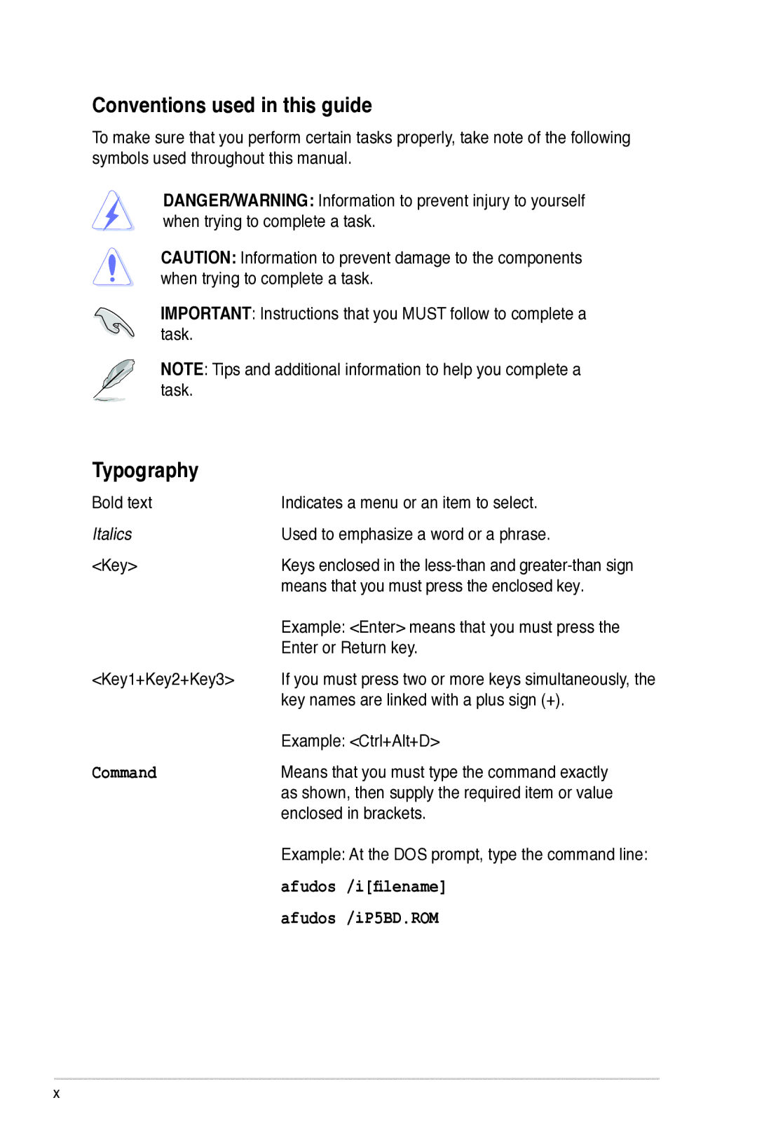 Asus P5B manual Conventions used in this guide, Typography 