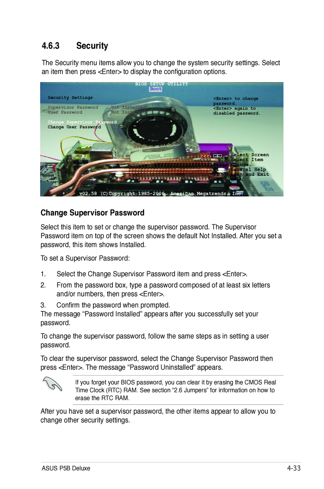Asus P5B manual Security, Change Supervisor Password 