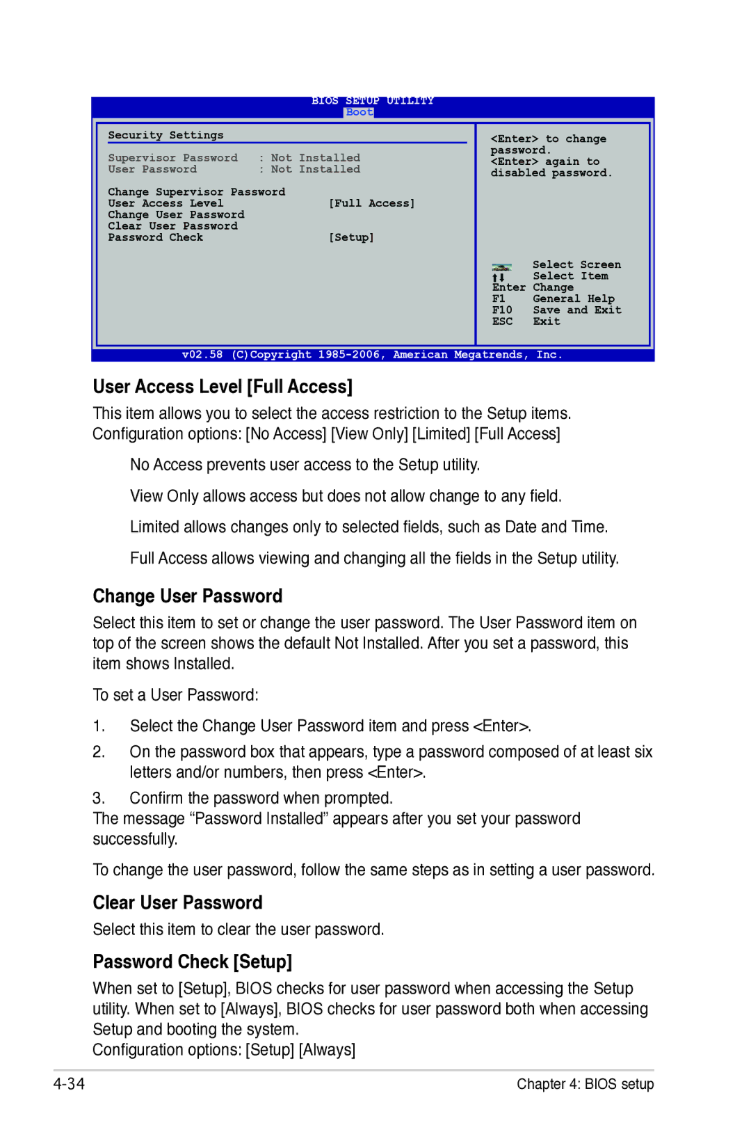 Asus P5B manual User Access Level Full Access, Change User Password, Clear User Password, Password Check Setup 