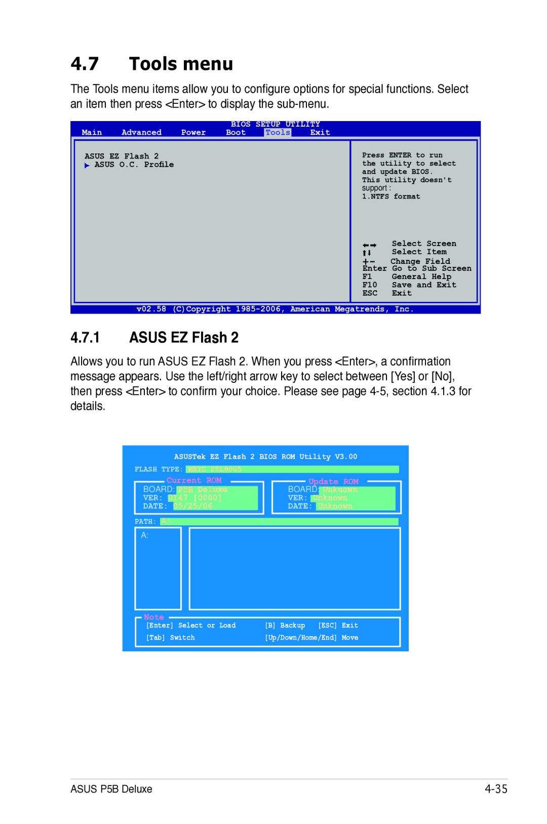 Asus P5B manual Tools menu, Asus EZ Flash, Main Advanced Power Boot 