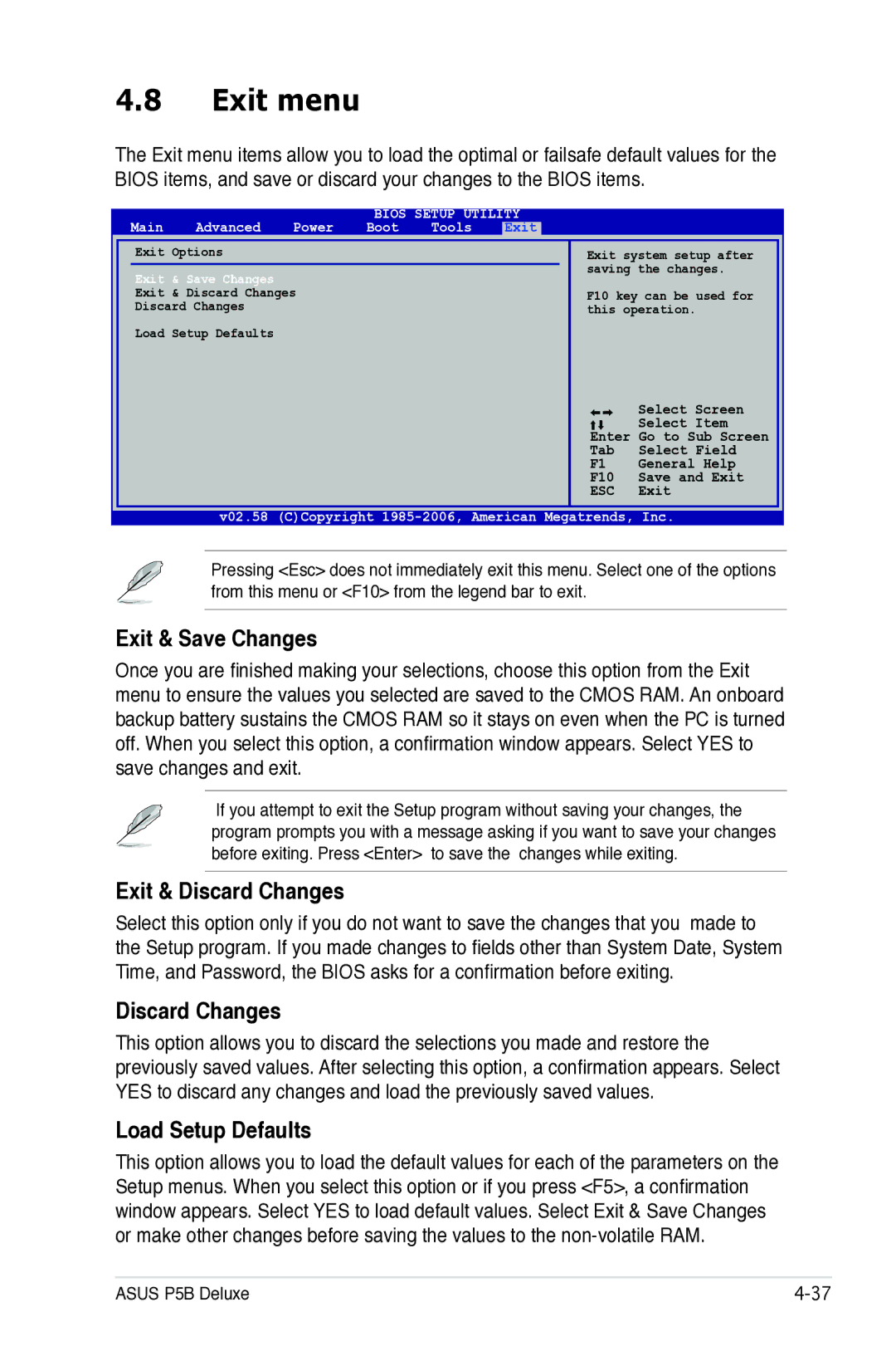 Asus P5B manual Exit menu, Exit & Save Changes, Exit & Discard Changes, Load Setup Defaults 