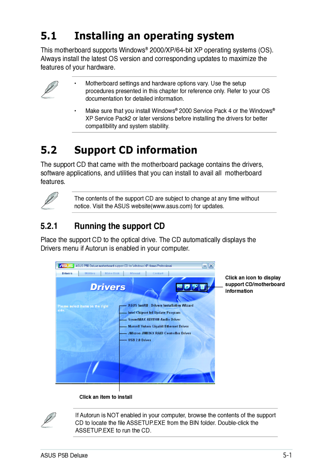 Asus P5B manual Installing an operating system, Support CD information, Running the support CD 