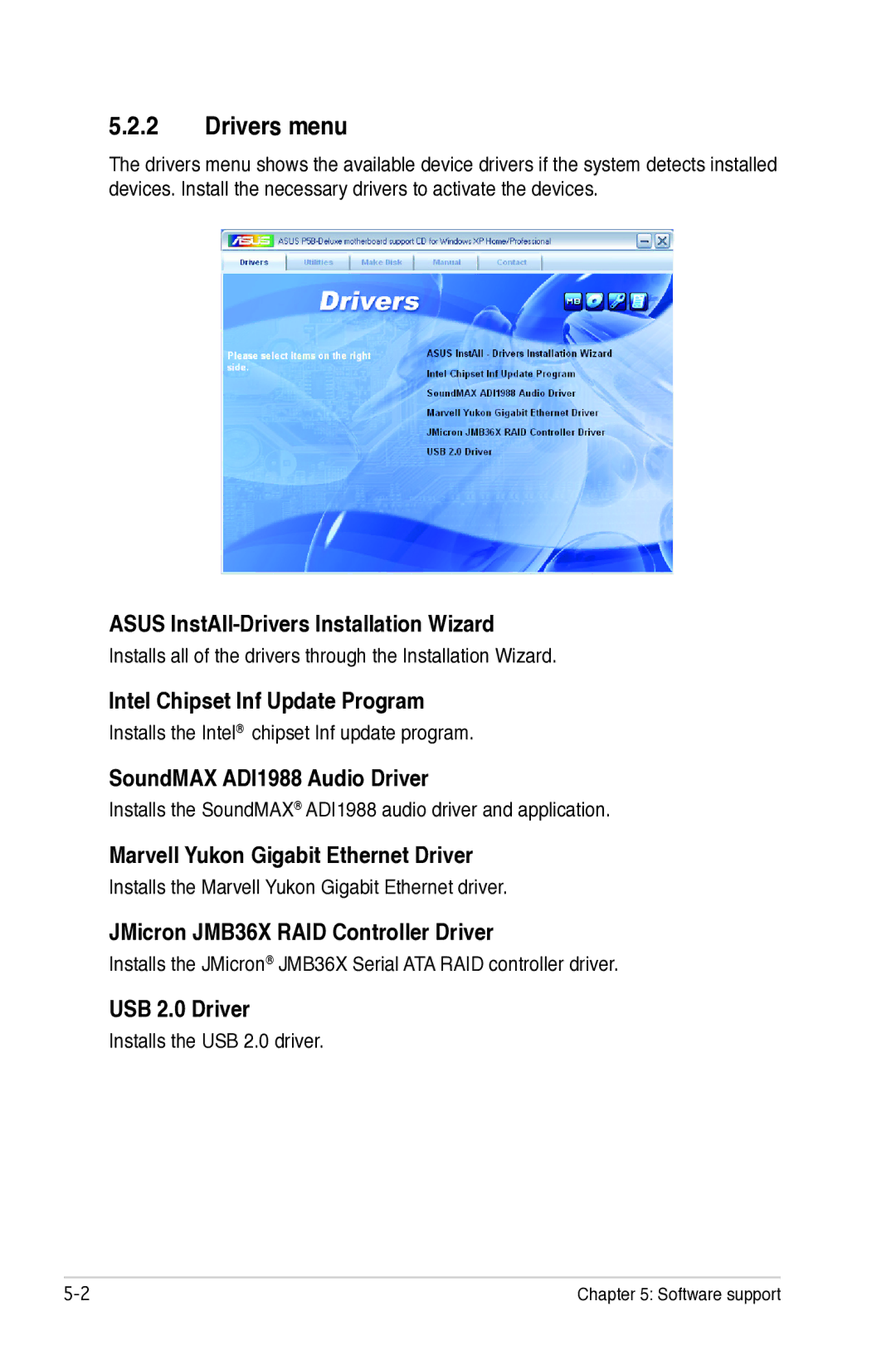 Asus P5B manual Drivers menu 