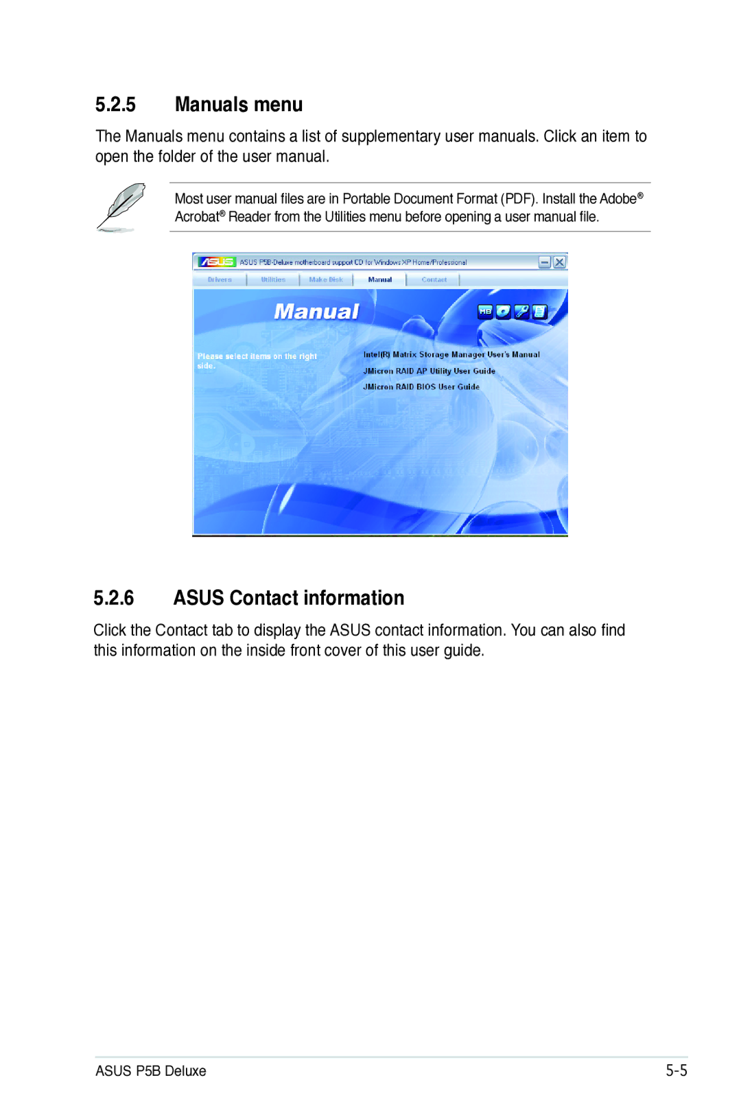 Asus P5B manual Manuals menu Asus Contact information 