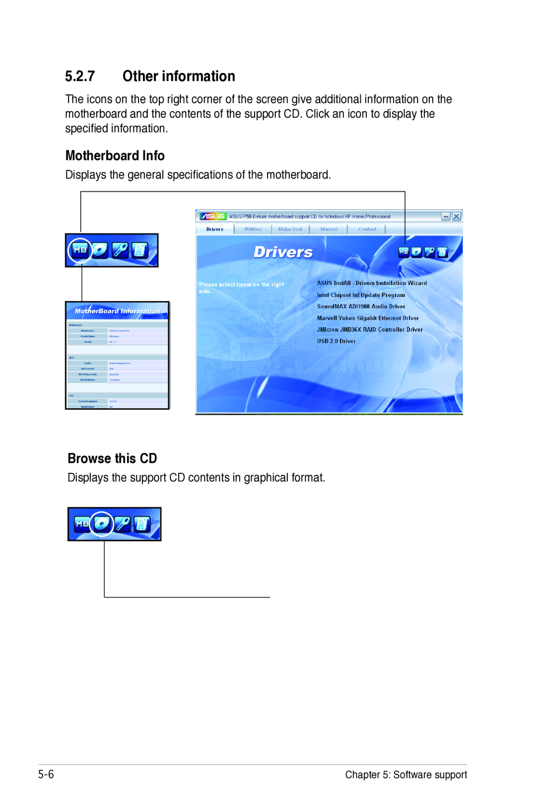 Asus P5B manual Other information, Motherboard Info, Browse this CD, Displays the general specifications of the motherboard 