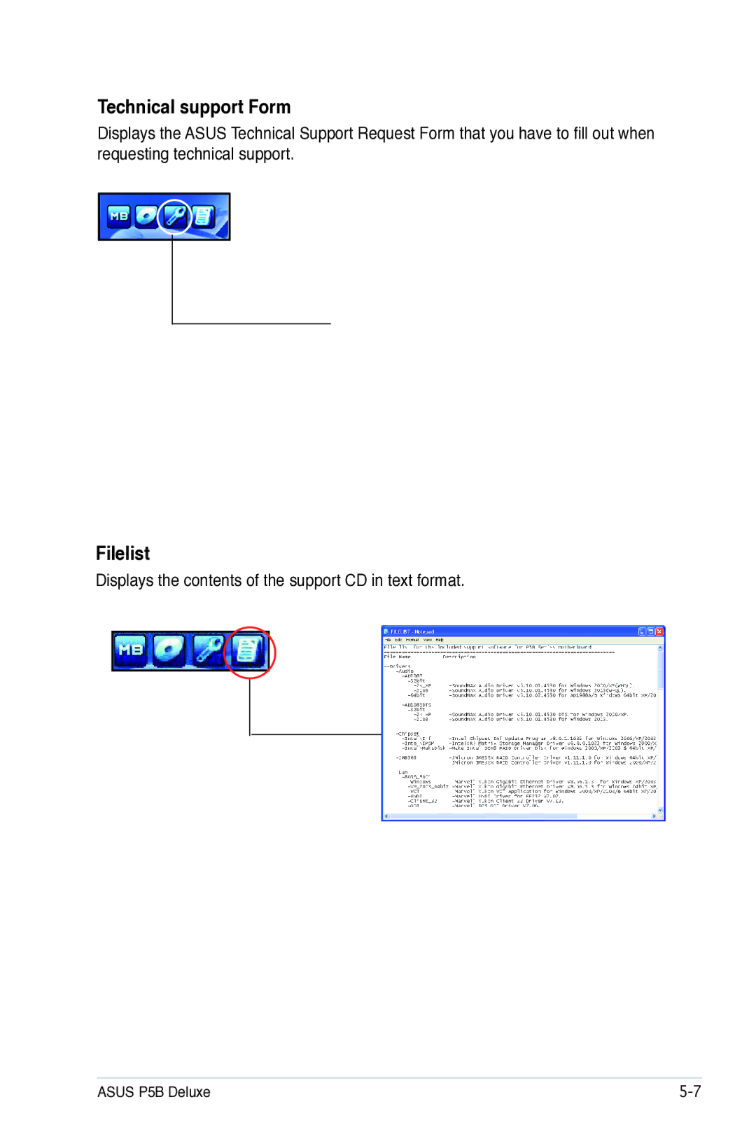 Asus P5B manual Technical support Form, Filelist, Displays the contents of the support CD in text format 