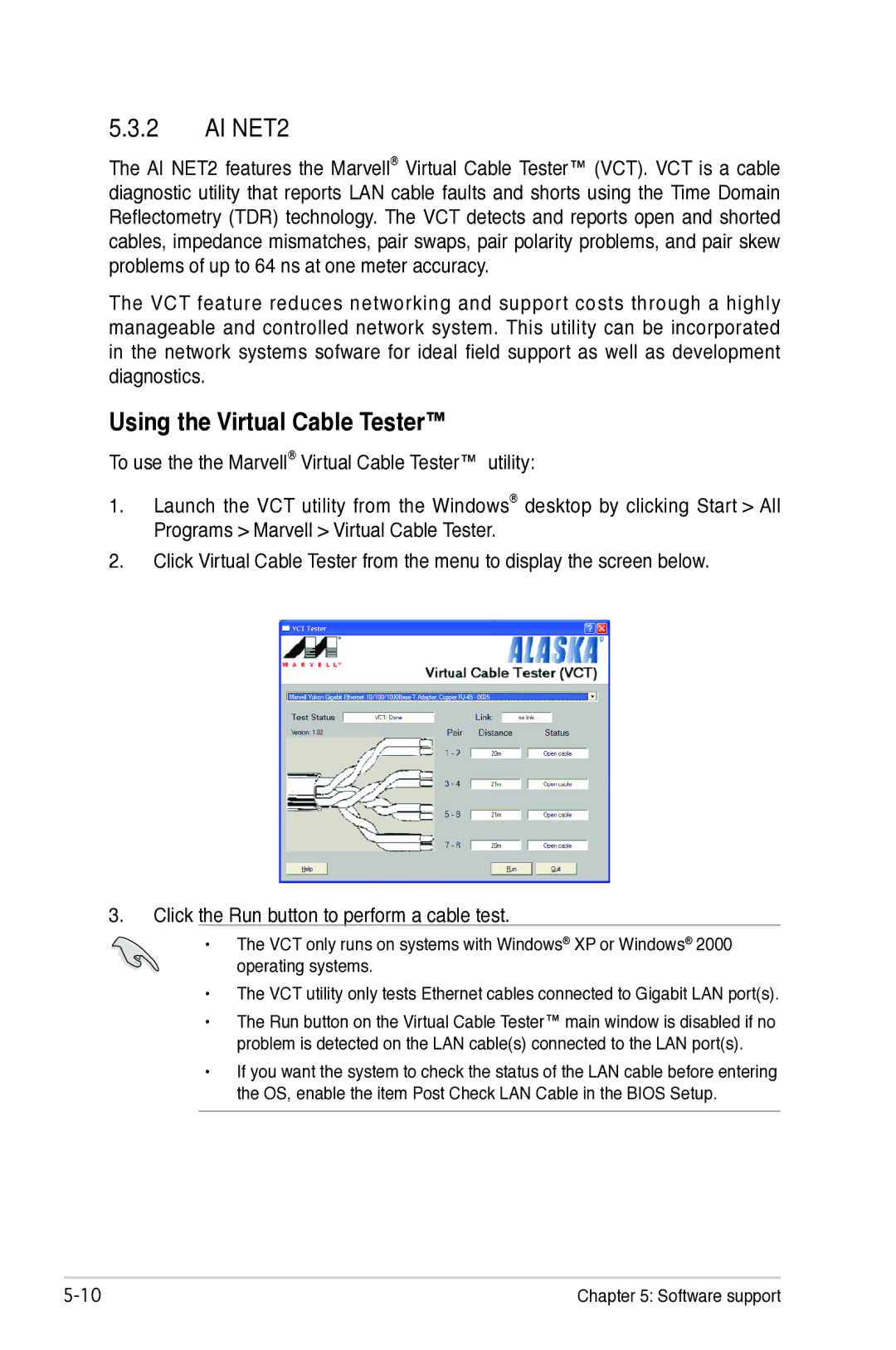 Asus P5B manual AI NET2, Using the Virtual Cable Tester 