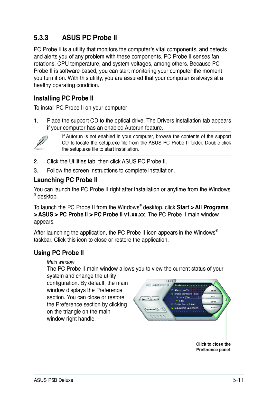 Asus P5B manual Asus PC Probe, Installing PC Probe, Launching PC Probe, Using PC Probe 