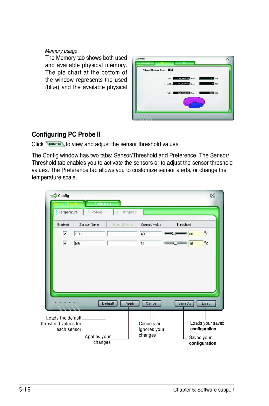 Asus P5B manual Configuring PC Probe, Memory usage 