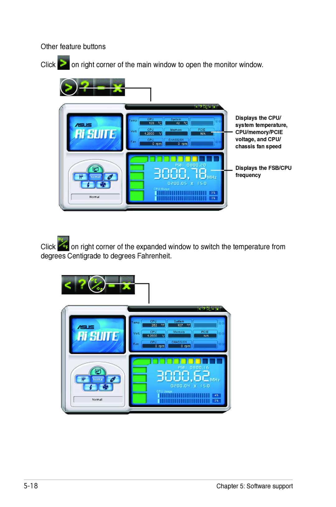 Asus P5B manual Other feature buttons Click 