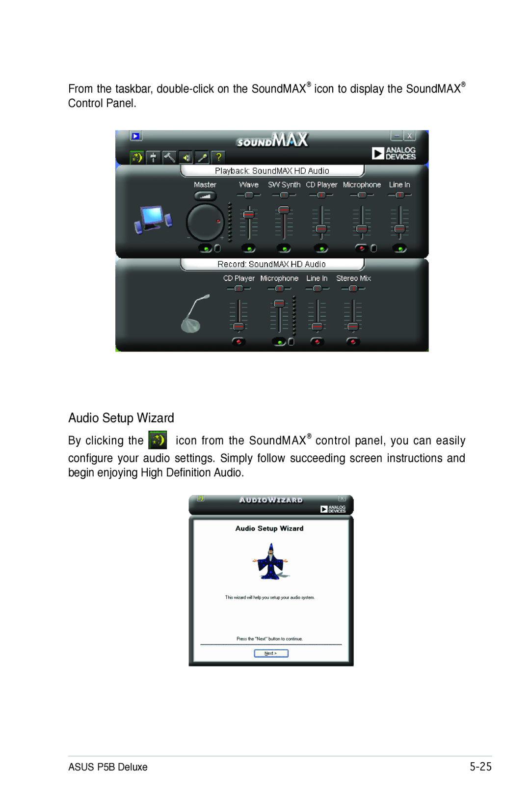 Asus P5B manual Audio Setup Wizard 