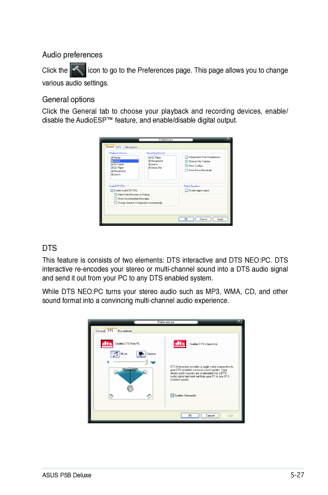 Asus P5B manual Audio preferences, Various audio settings 