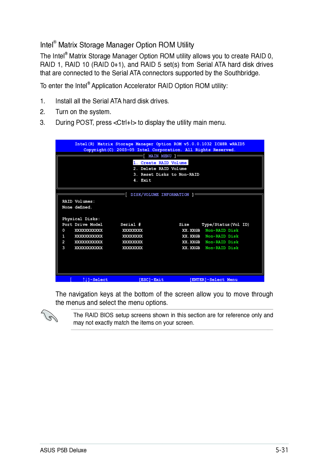 Asus P5B manual Delete RAID Volume, ↑↓-Select ESC-Exit ENTER-Select Menu 