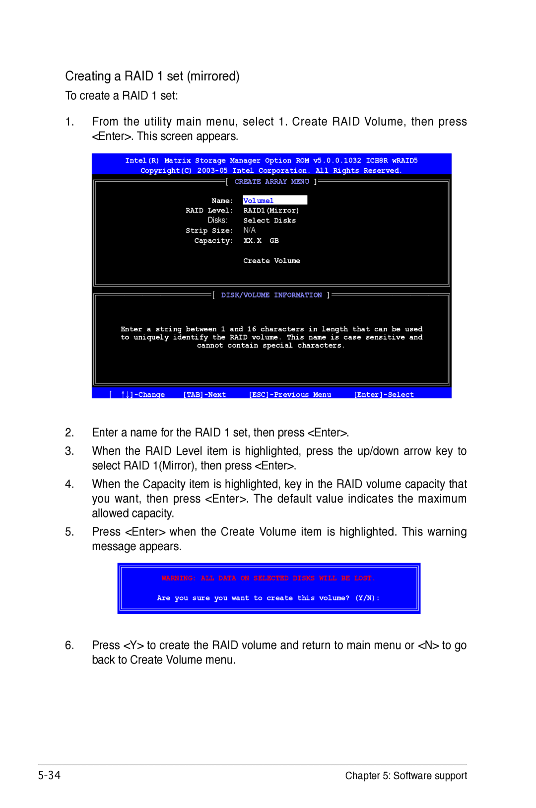 Asus P5B manual Creating a RAID 1 set mirrored, RAID1Mirror Select Disks 