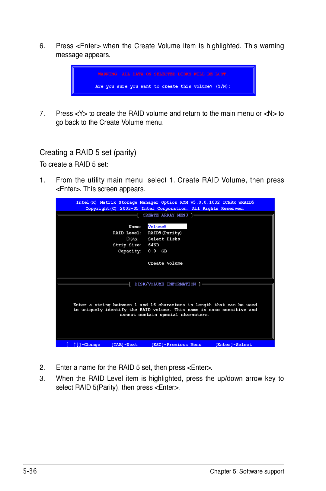 Asus P5B manual Name RAID Level Disks, RAID5Parity Select Disks 64KB 