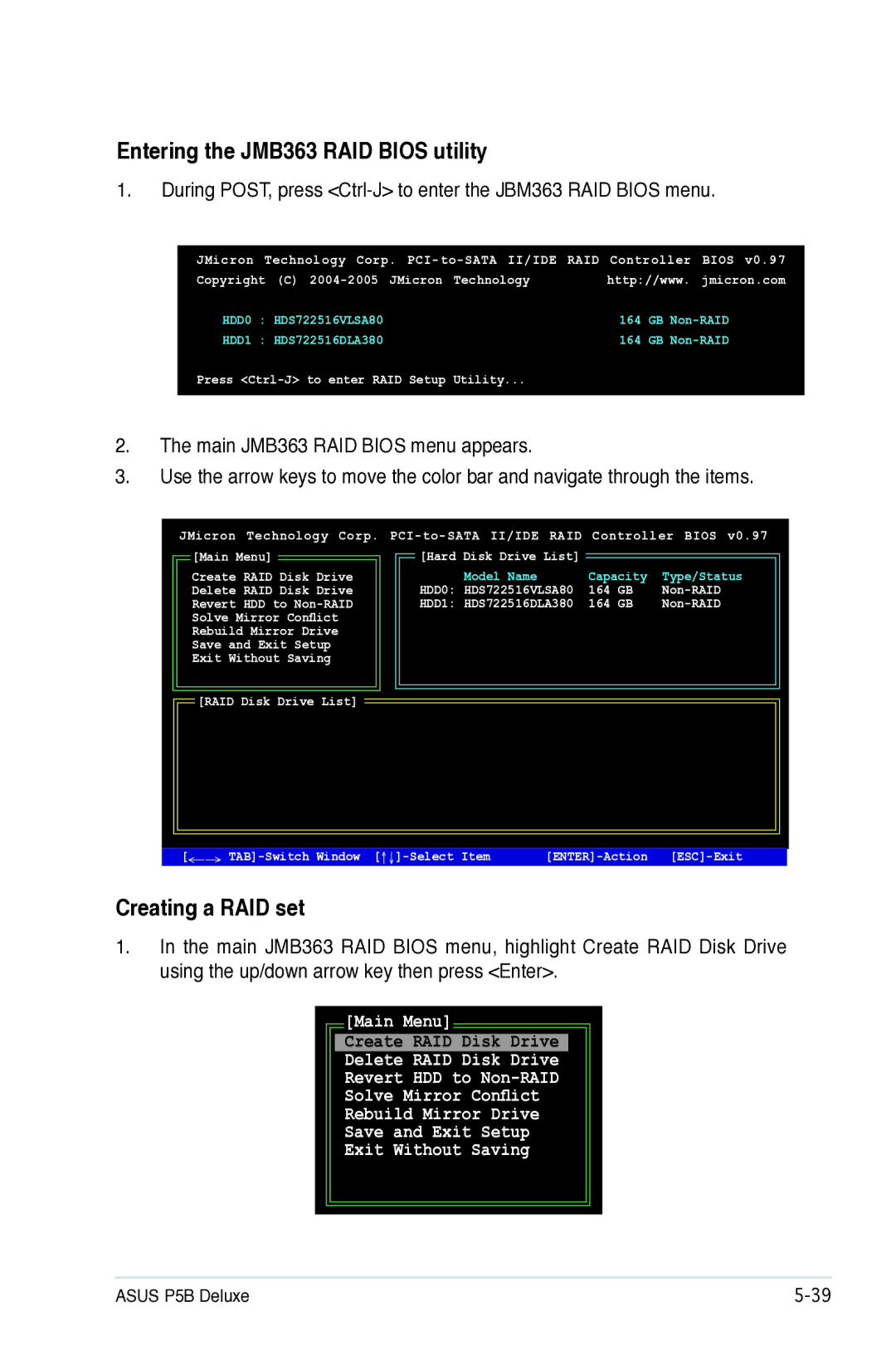 Asus P5B Entering the JMB363 RAID Bios utility, Creating a RAID set, Press Ctrl-J to enter RAID Setup Utility, Non-RAID 