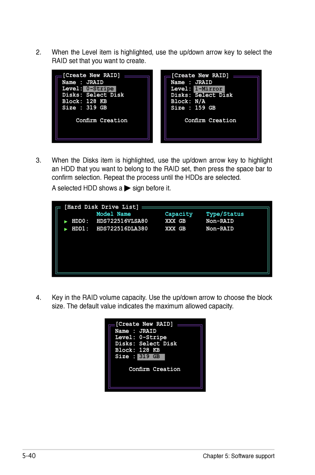 Asus P5B manual Selected HDD shows a sign before it, Disks Select Disk Block N/A Size 159 GB 