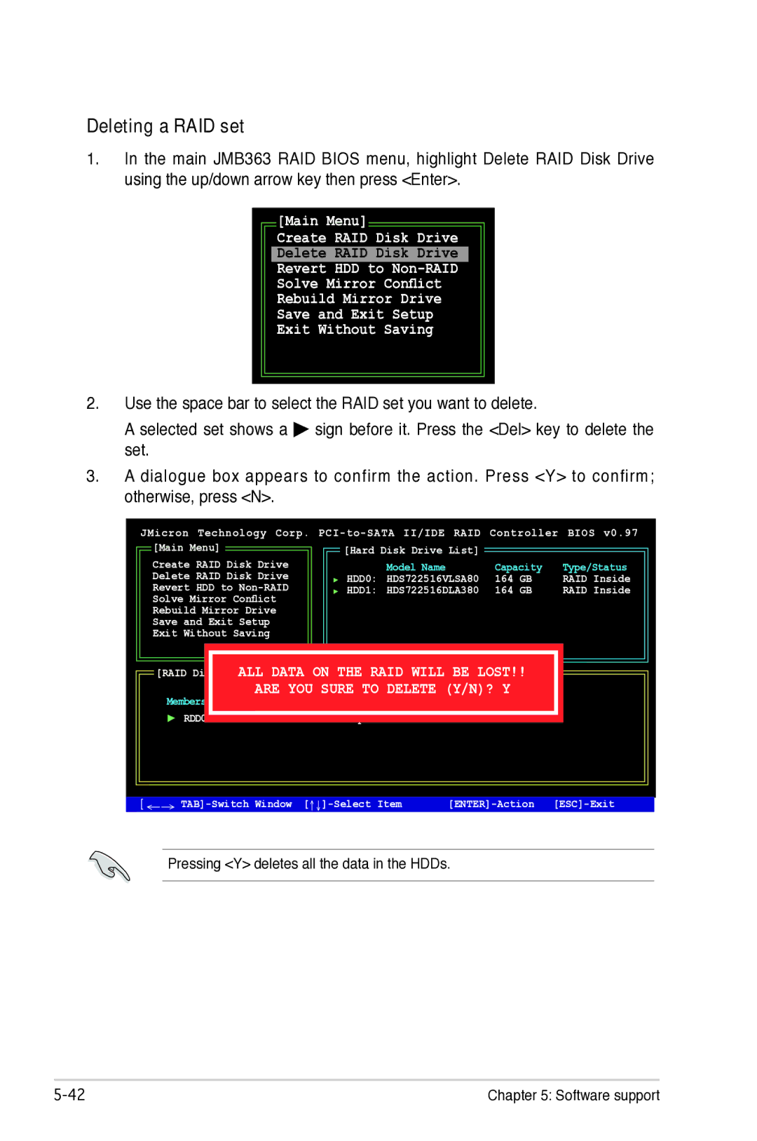 Asus P5B manual Deleting a RAID set, RAID Inside, RDD0 TAB-Switch Window ↑↓-Select Item ENTER-Action ESC-Exit 