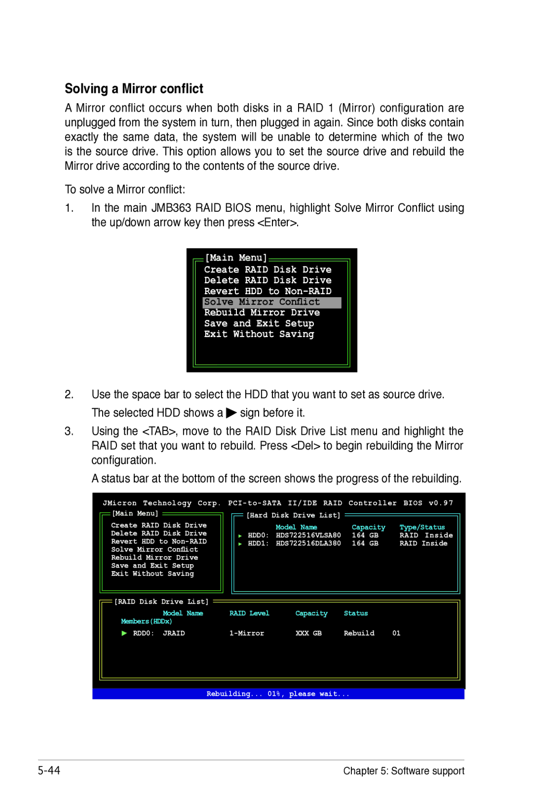 Asus P5B manual Solving a Mirror conflict, Rebuild Rebuilding.. %, please wait 