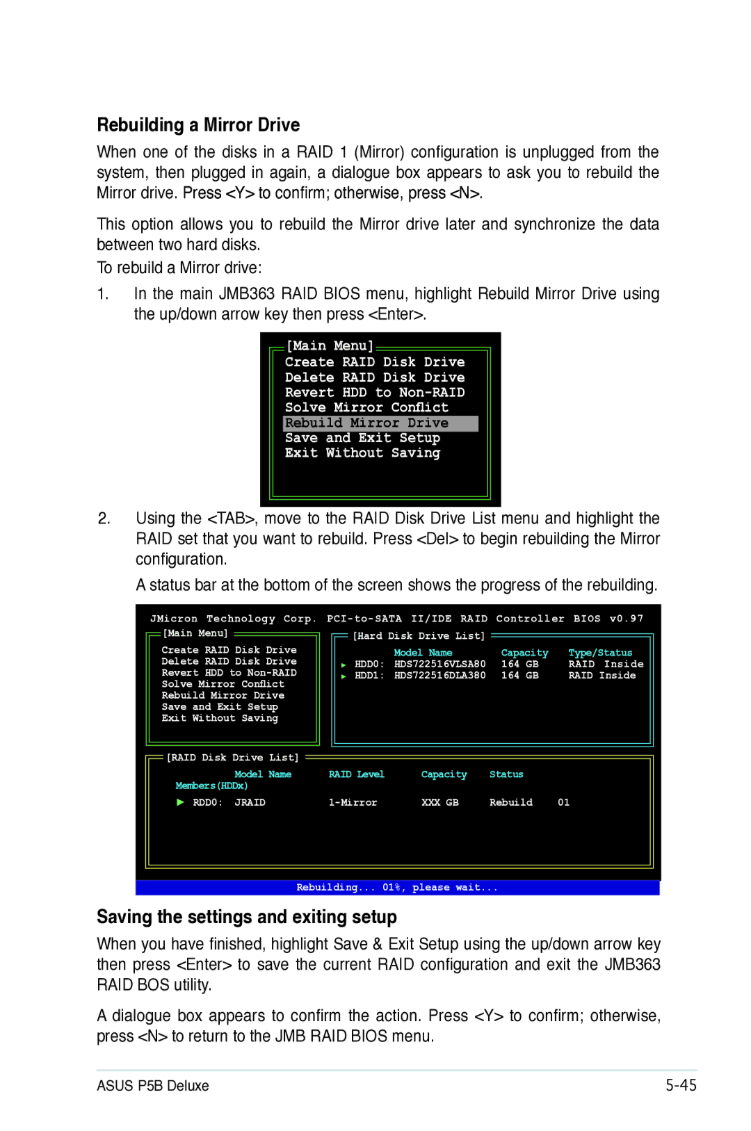 Asus P5B manual Rebuilding a Mirror Drive, Saving the settings and exiting setup 