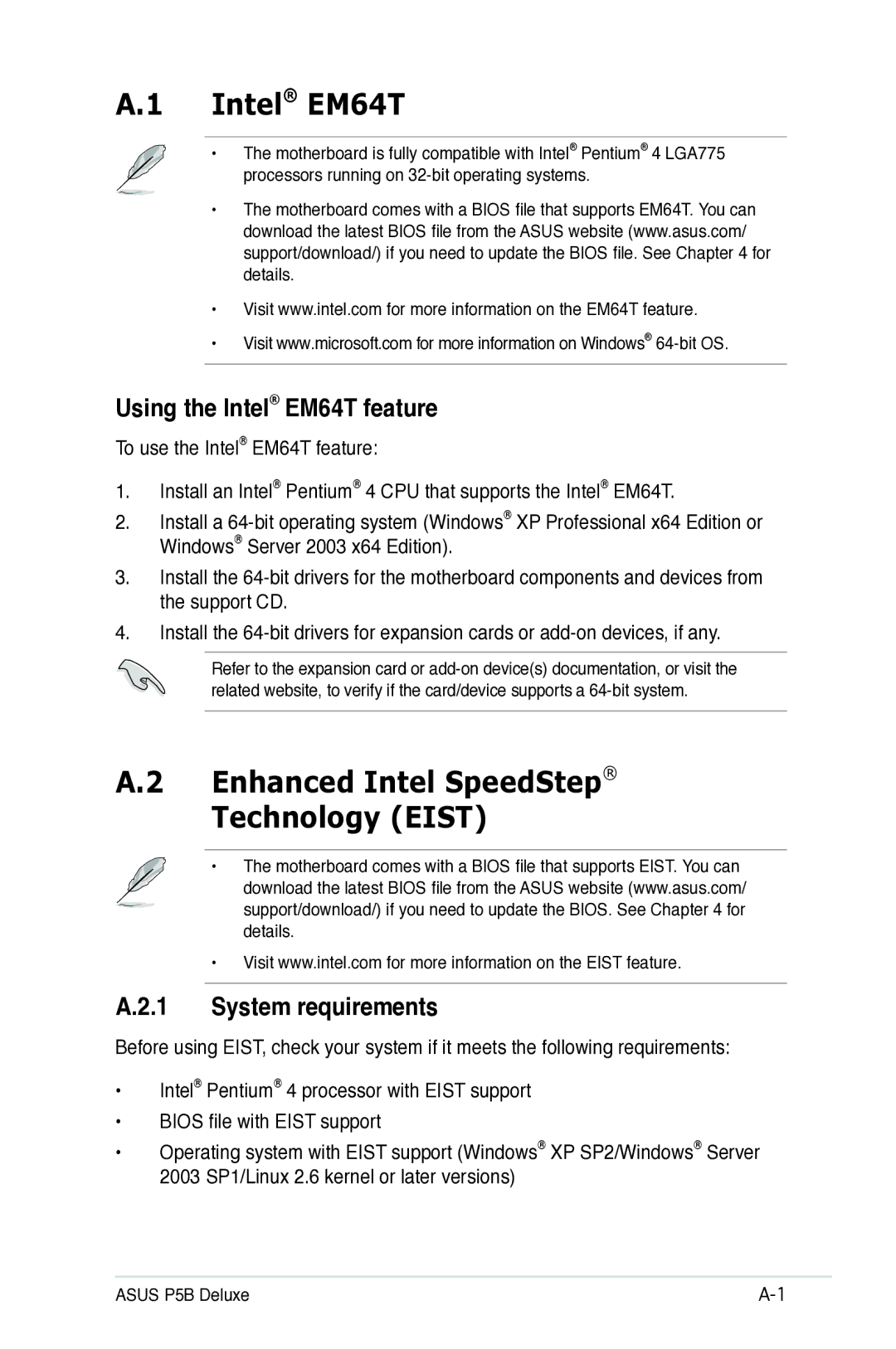 Asus P5B manual Enhanced Intel SpeedStep Technology Eist, Using the Intel EM64T feature, System requirements 