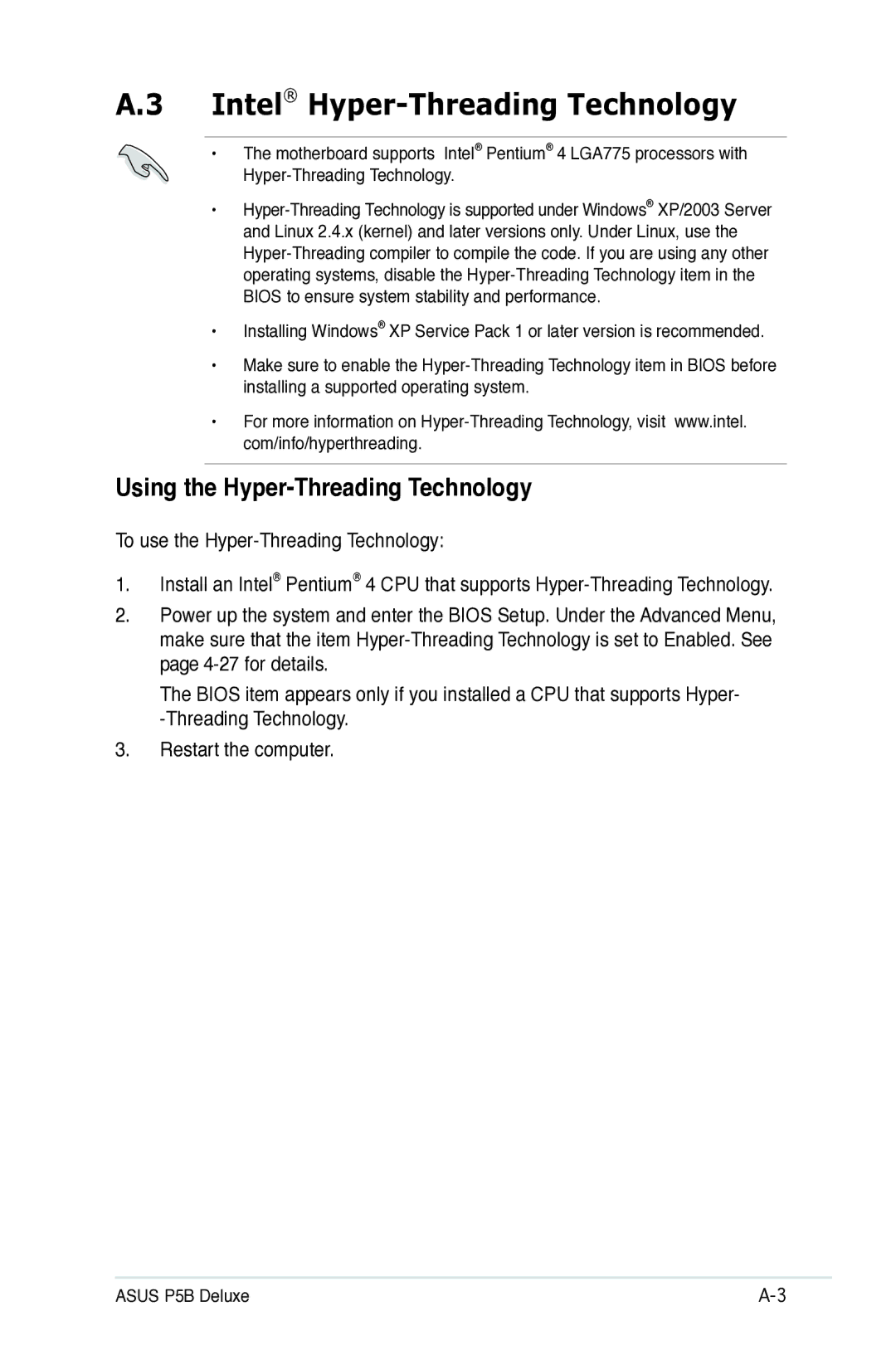 Asus P5B manual Intel Hyper-Threading Technology, Using the Hyper-Threading Technology 