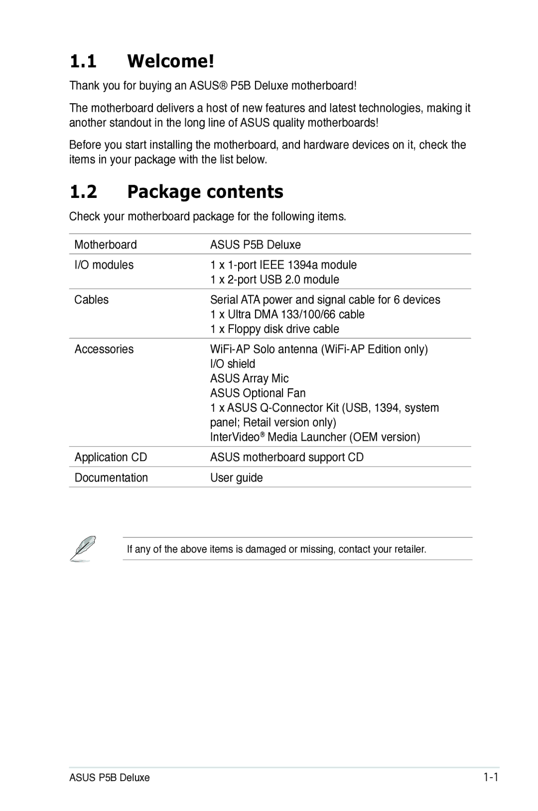 Asus P5B manual Welcome, Package contents 