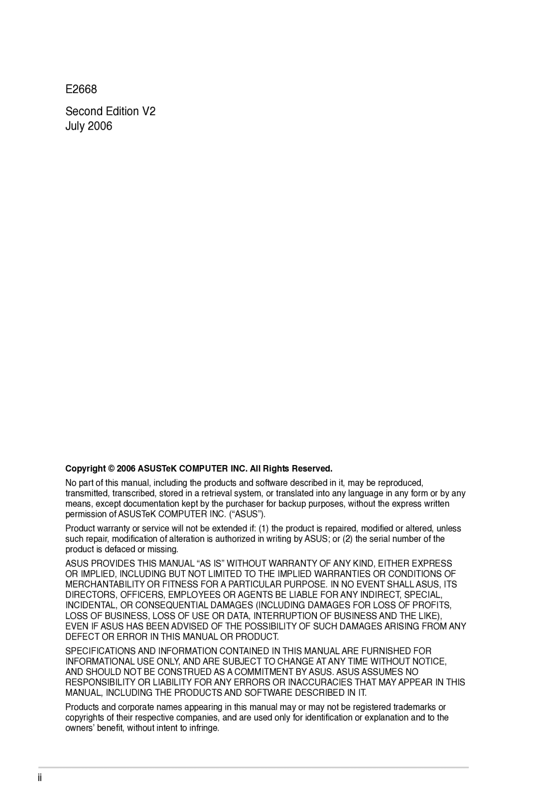 Asus P5B manual E2668 Second Edition July, Copyright 2006 ASUSTeK Computer INC. All Rights Reserved 