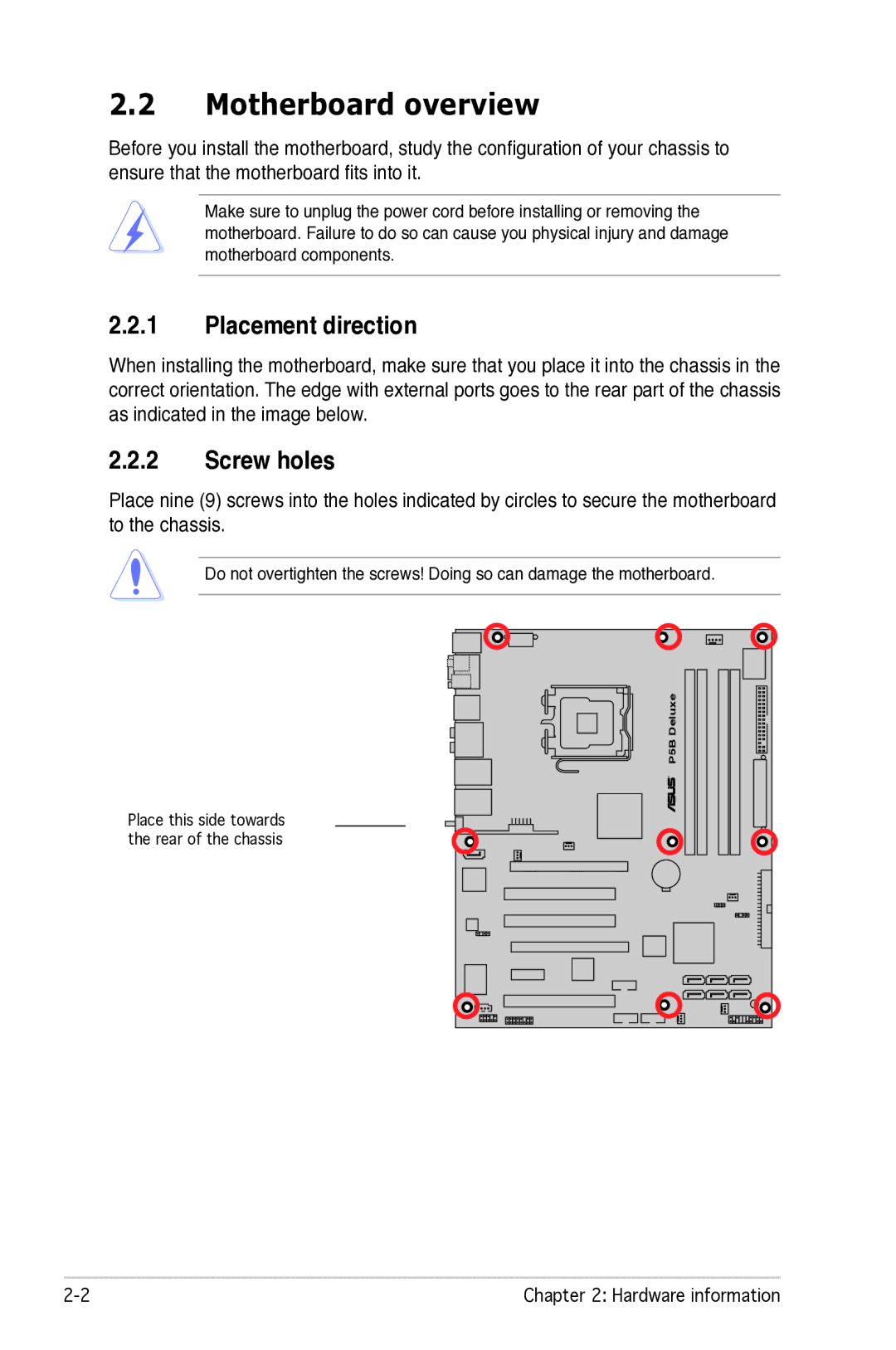 Asus P5B manual Motherboard overview, Placement direction, Screw holes 