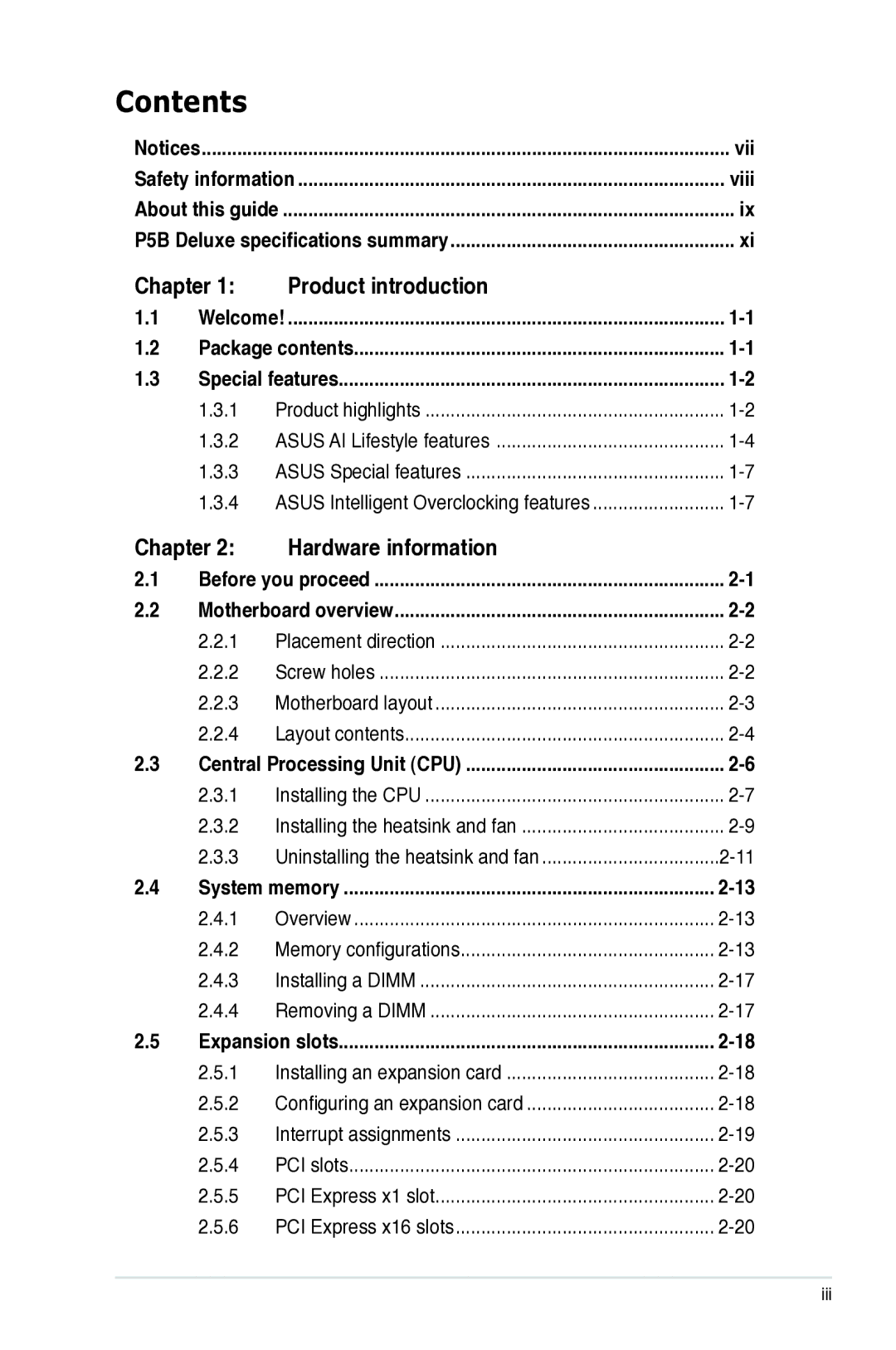 Asus P5B manual Contents 