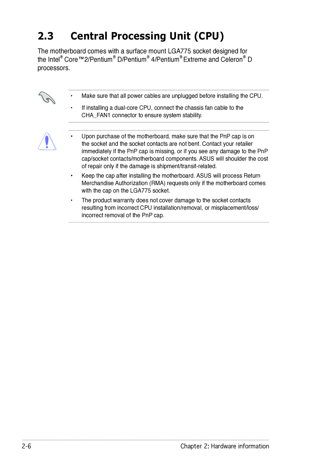 Asus P5B manual Central Processing Unit CPU 