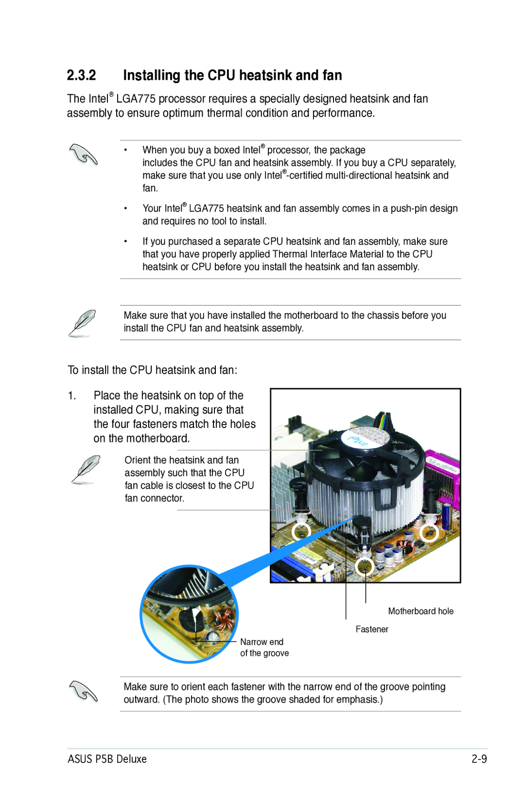 Asus P5B manual Installing the CPU heatsink and fan, To install the CPU heatsink and fan 