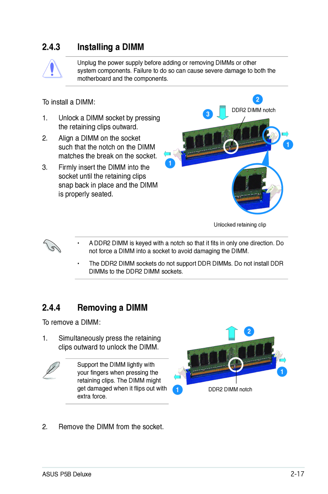 Asus P5B manual Installing a Dimm, Removing a Dimm 