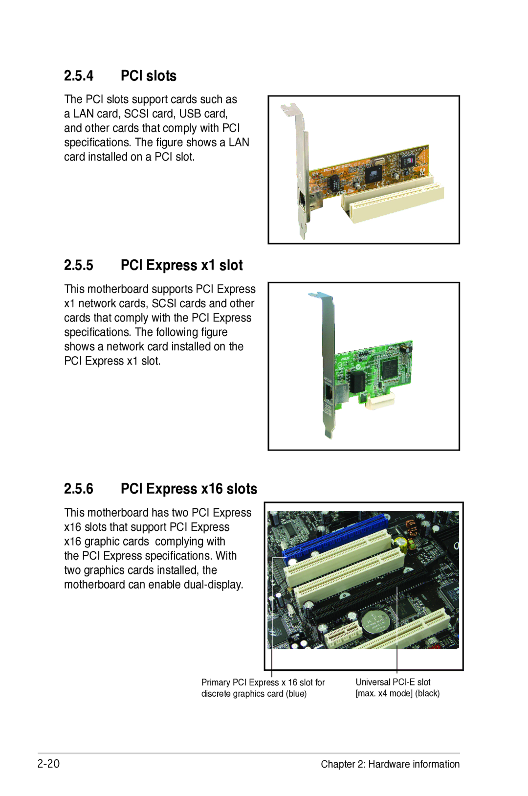 Asus P5B manual PCI slots, PCI Express x1 slot, PCI Express x16 slots 