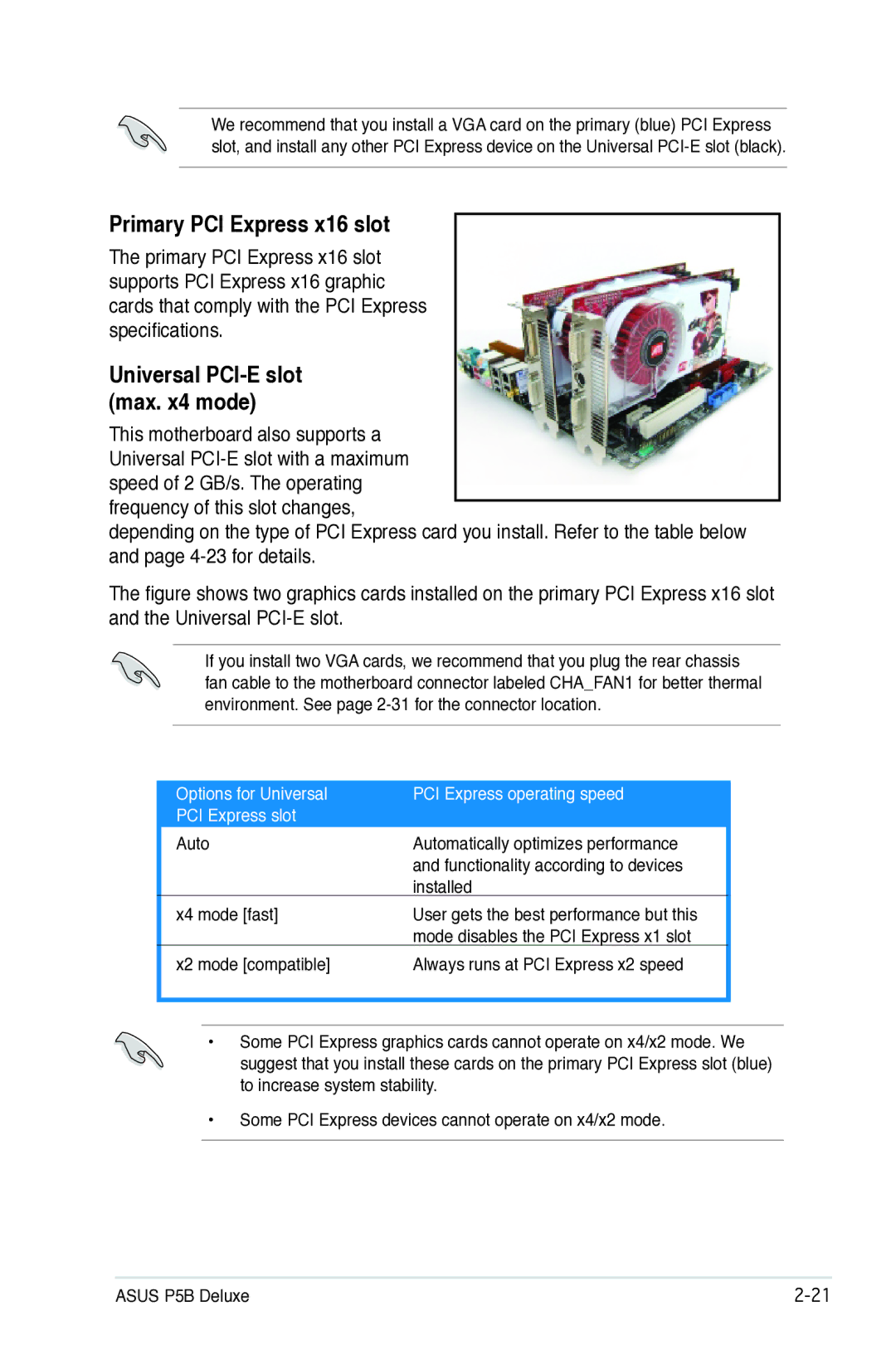 Asus P5B manual Primary PCI Express x16 slot, Universal PCI-E slot max. x4 mode 