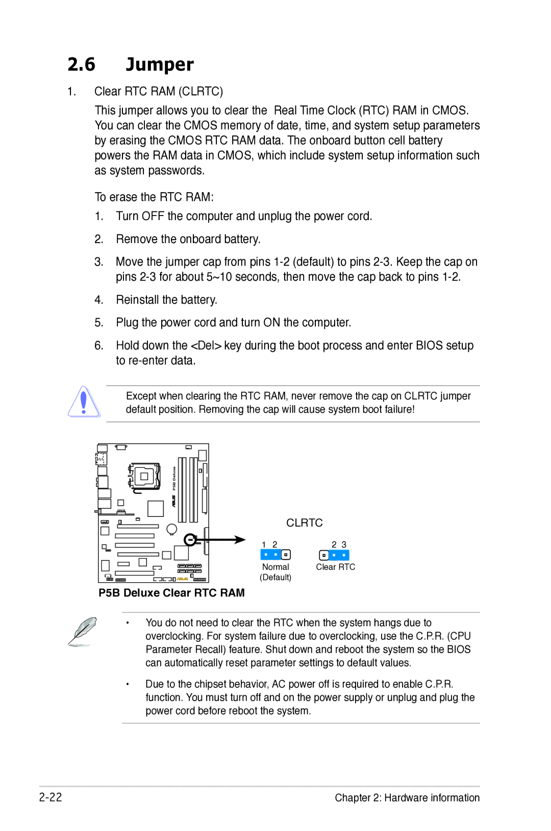 Asus manual Jumper, P5B Deluxe Clear RTC RAM 