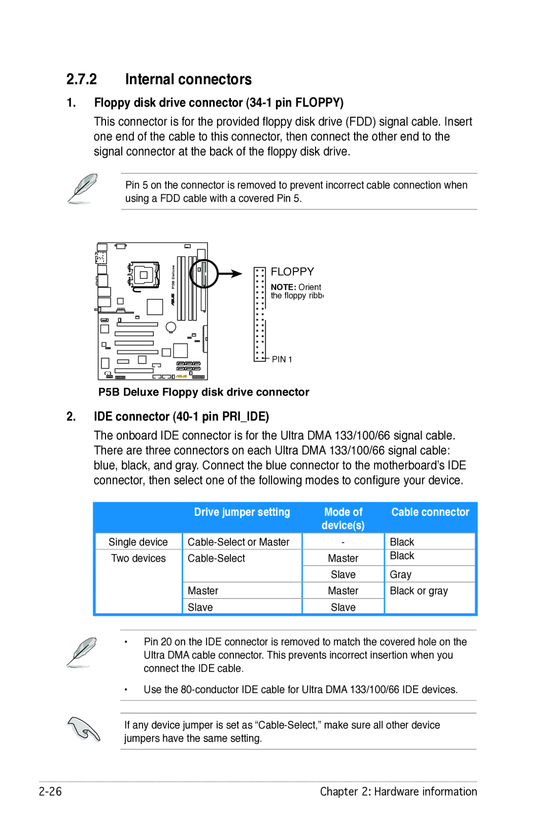 Asus P5B manual Internal connectors, Floppy disk drive connector 34-1 pin Floppy, IDE connector 40-1 pin Priide 