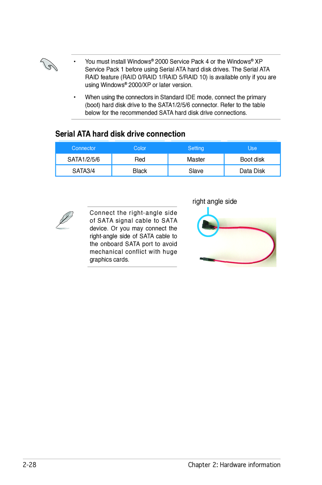 Asus P5B manual Serial ATA hard disk drive connection, Right angle side 