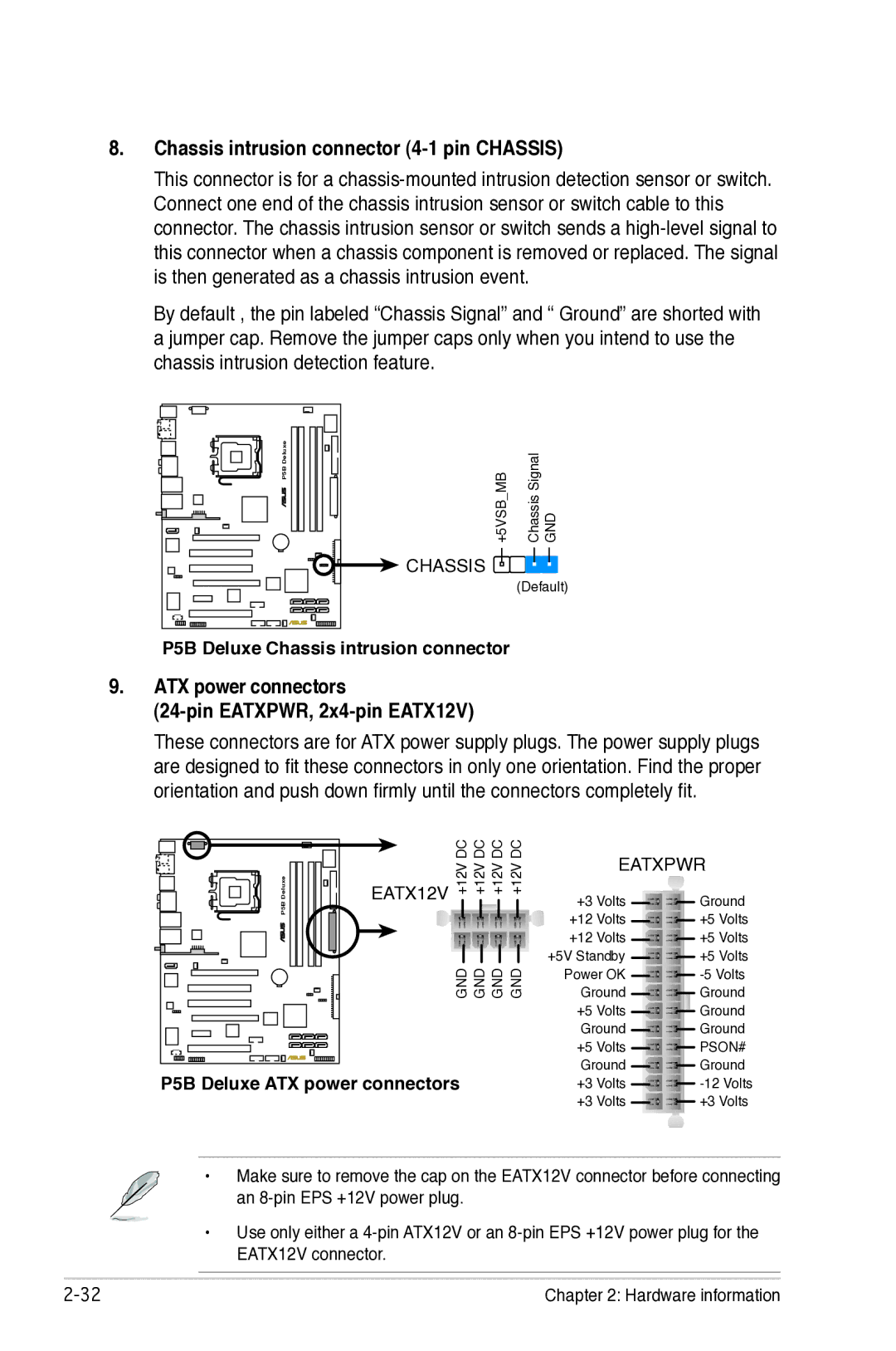 Asus P5B manual Chassis intrusion connector 4-1 pin Chassis, ATX power connectors Pin EATXPWR, 2x4-pin EATX12V 