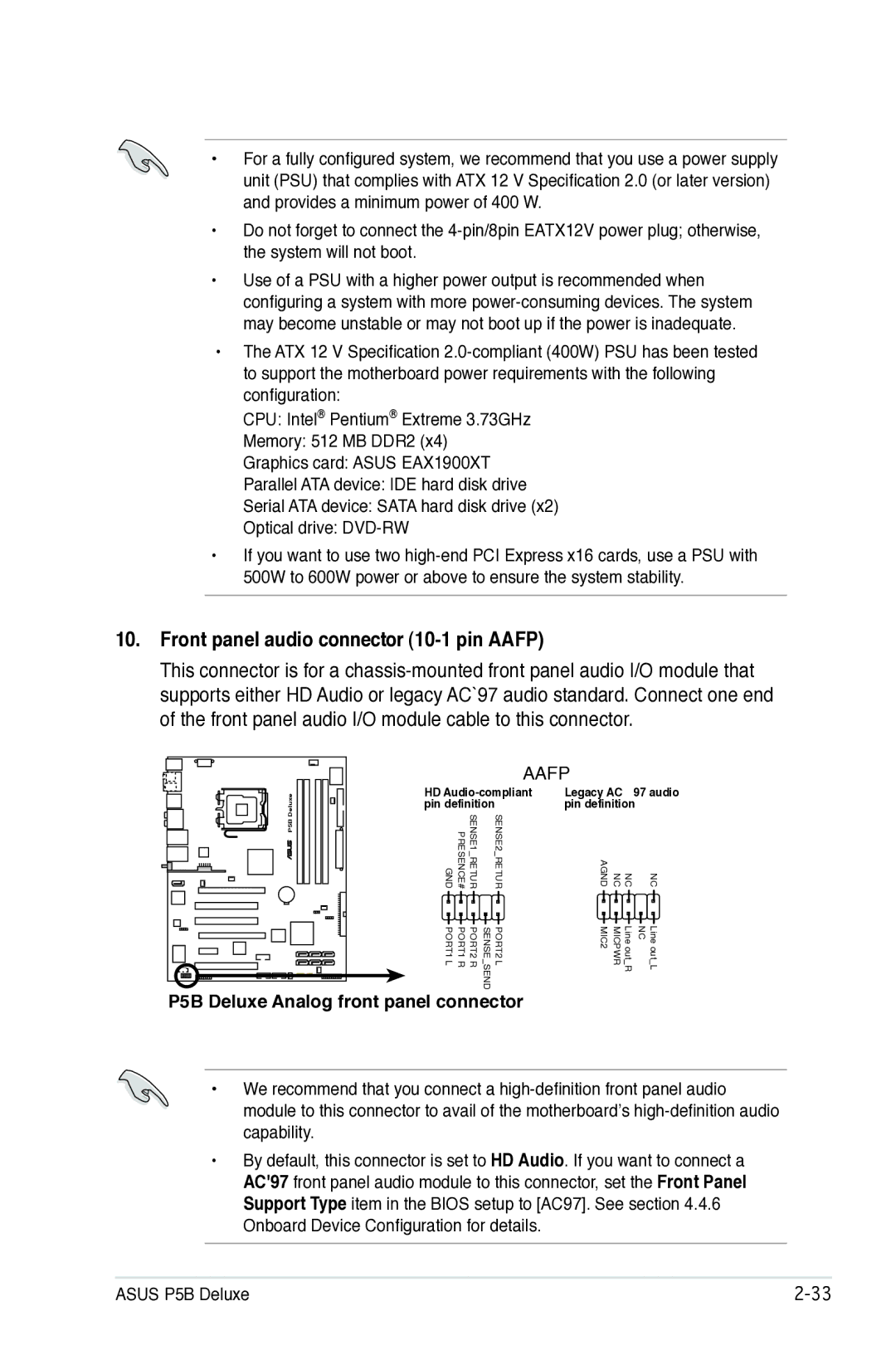 Asus P5B manual Front panel audio connector 10-1 pin Aafp 