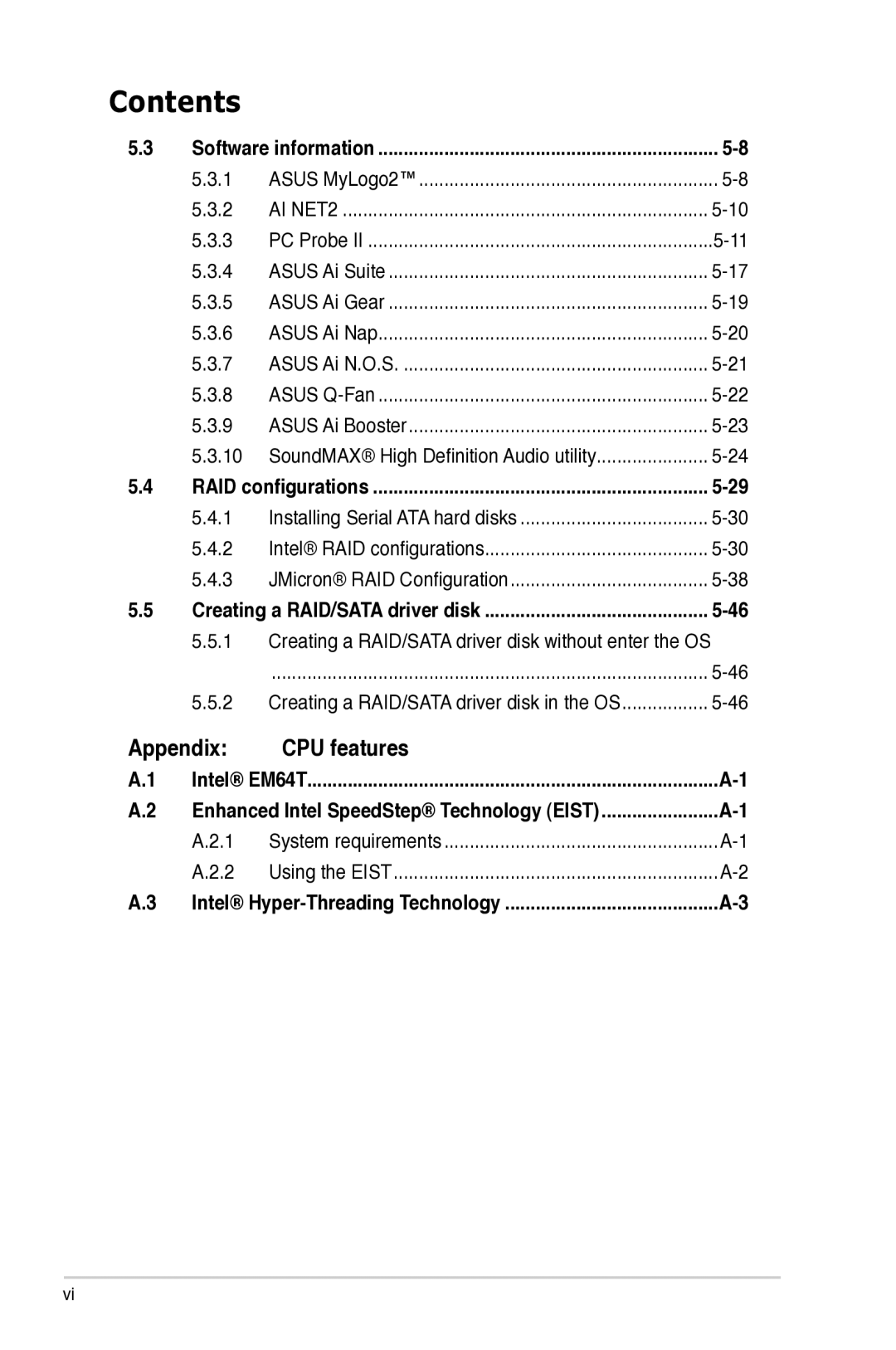 Asus P5B Appendix CPU features, Software information, RAID configurations, Creating a RAID/SATA driver disk, Intel EM64T 