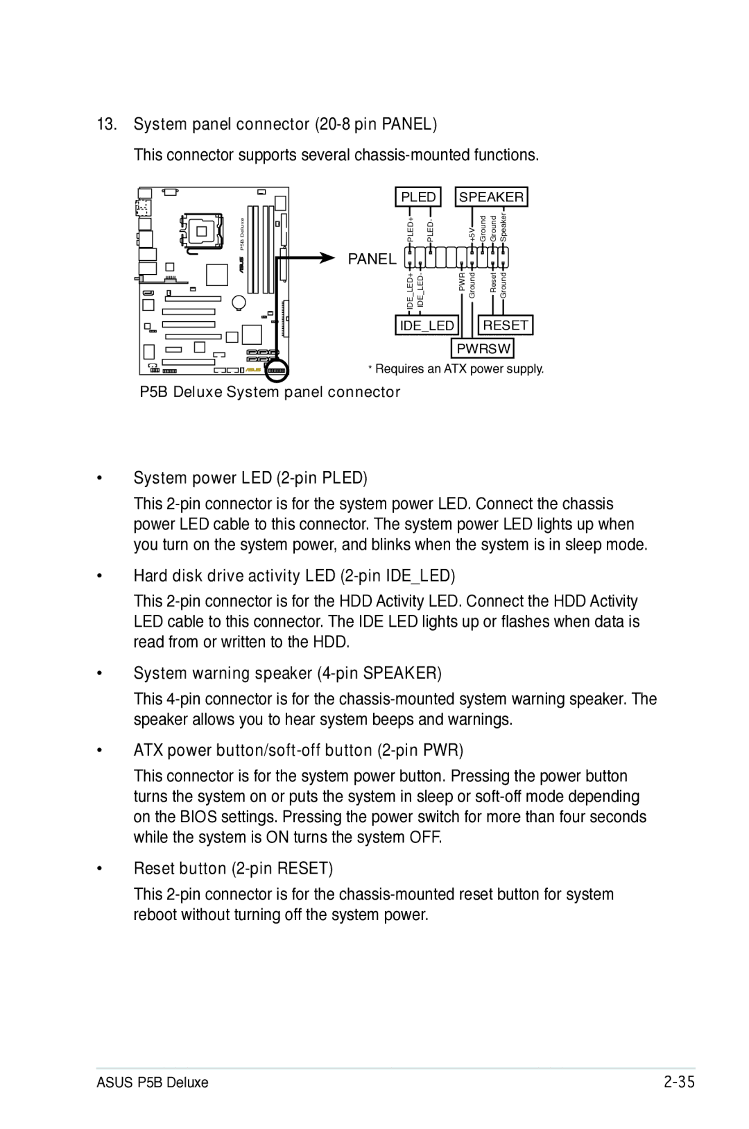 Asus P5B System panel connector 20-8 pin Panel, System power LED 2-pin Pled, Hard disk drive activity LED 2-pin Ideled 