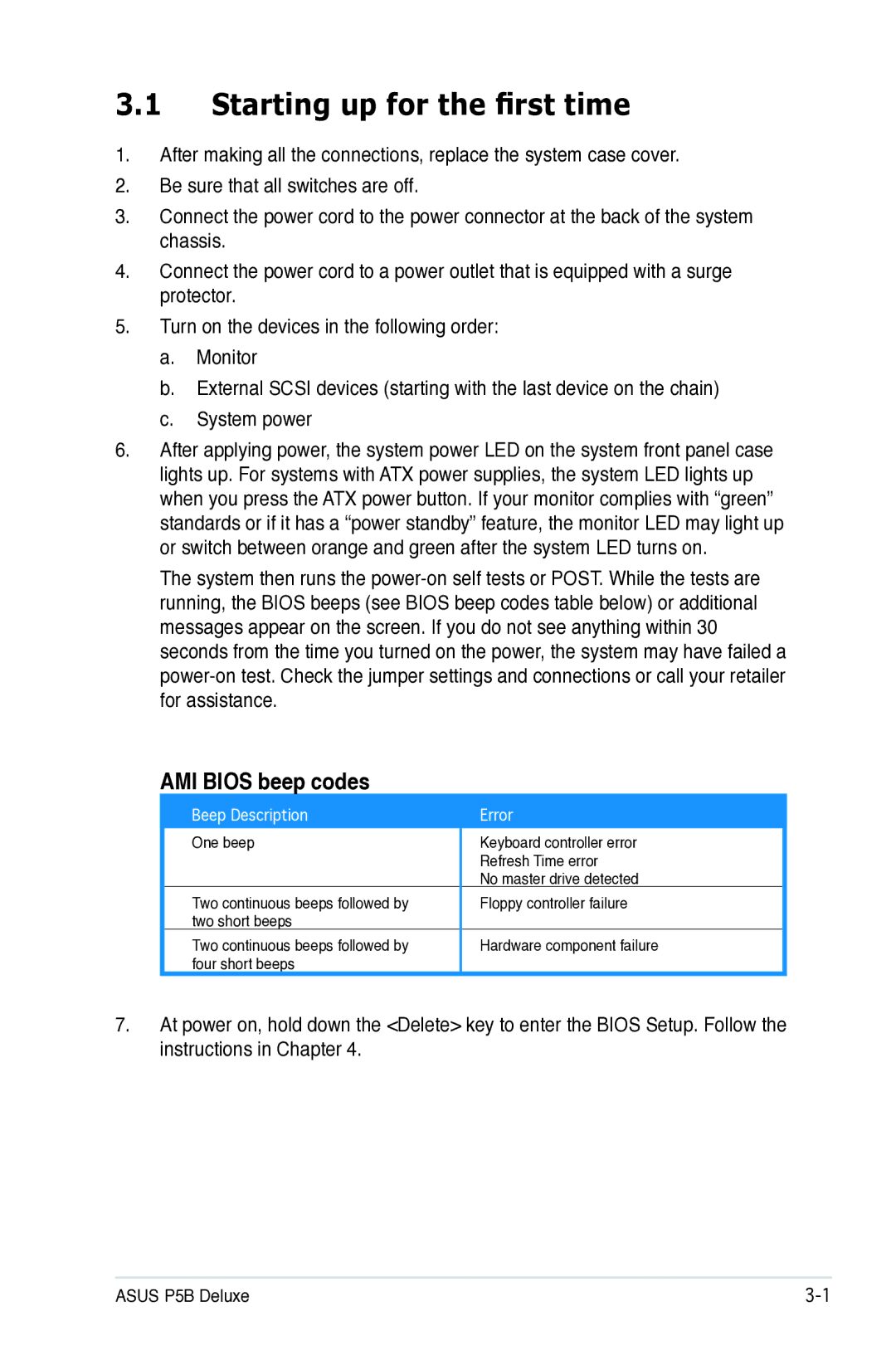 Asus P5B manual Starting up for the first time, AMI Bios beep codes 