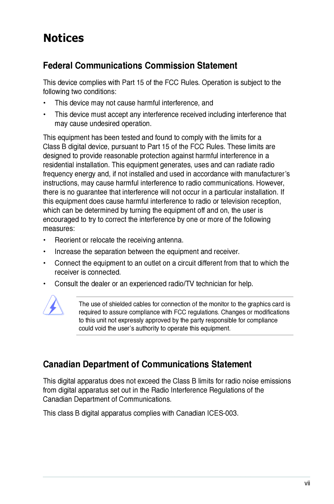 Asus P5B manual Federal Communications Commission Statement, Canadian Department of Communications Statement 