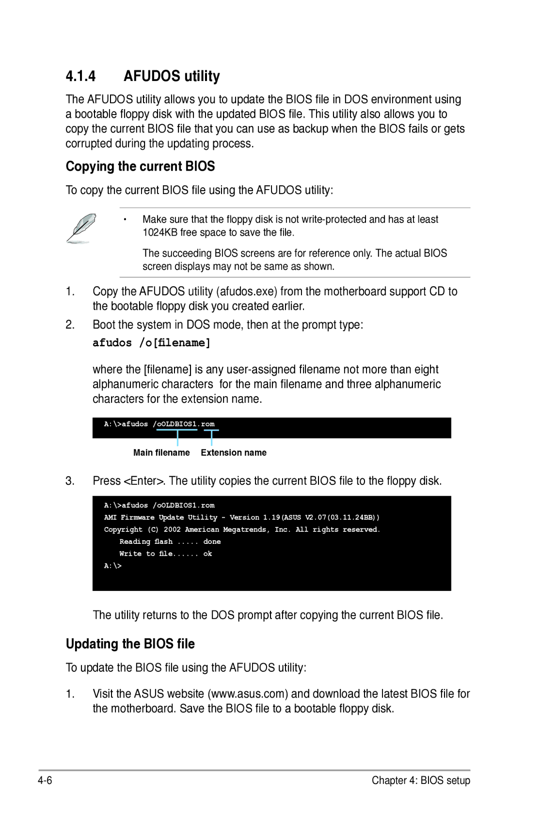 Asus P5B manual Afudos utility, Copying the current Bios, Updating the Bios file 