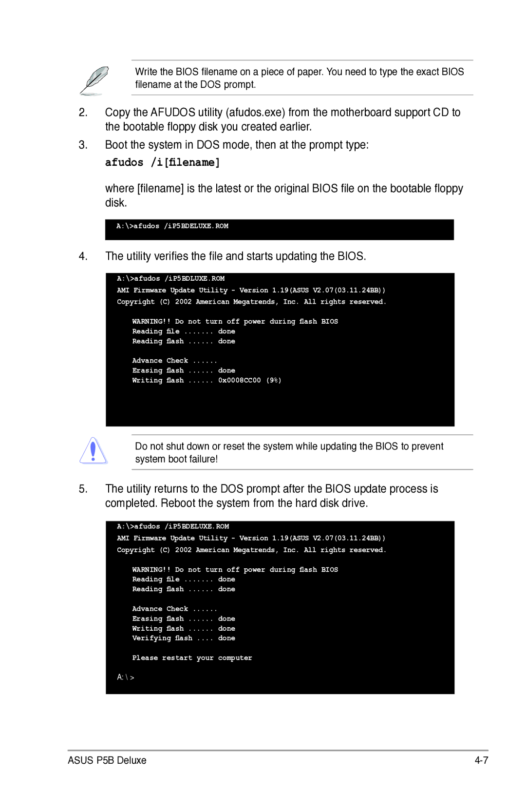 Asus P5B manual Utility verifies the file and starts updating the Bios 