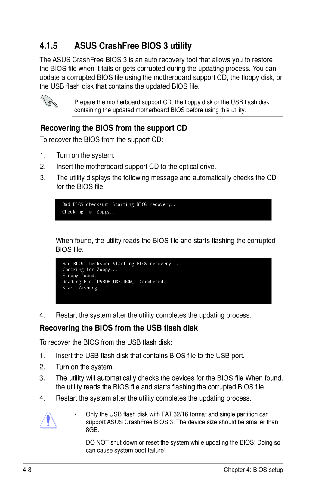 Asus P5B manual Asus CrashFree Bios 3 utility, Recovering the Bios from the support CD 